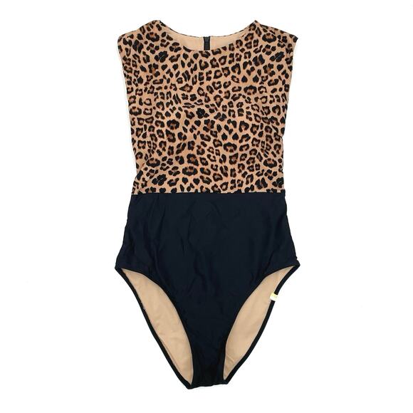 Summersalt The Surf Leopard Print Black One Piece Swimsuit Zip Up Back Size 4 - Picture 1 of 9